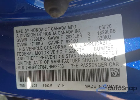 2020 Honda Civic Sport z USA, uszkodzony, nr VIN 2HGFC2F84LH563953